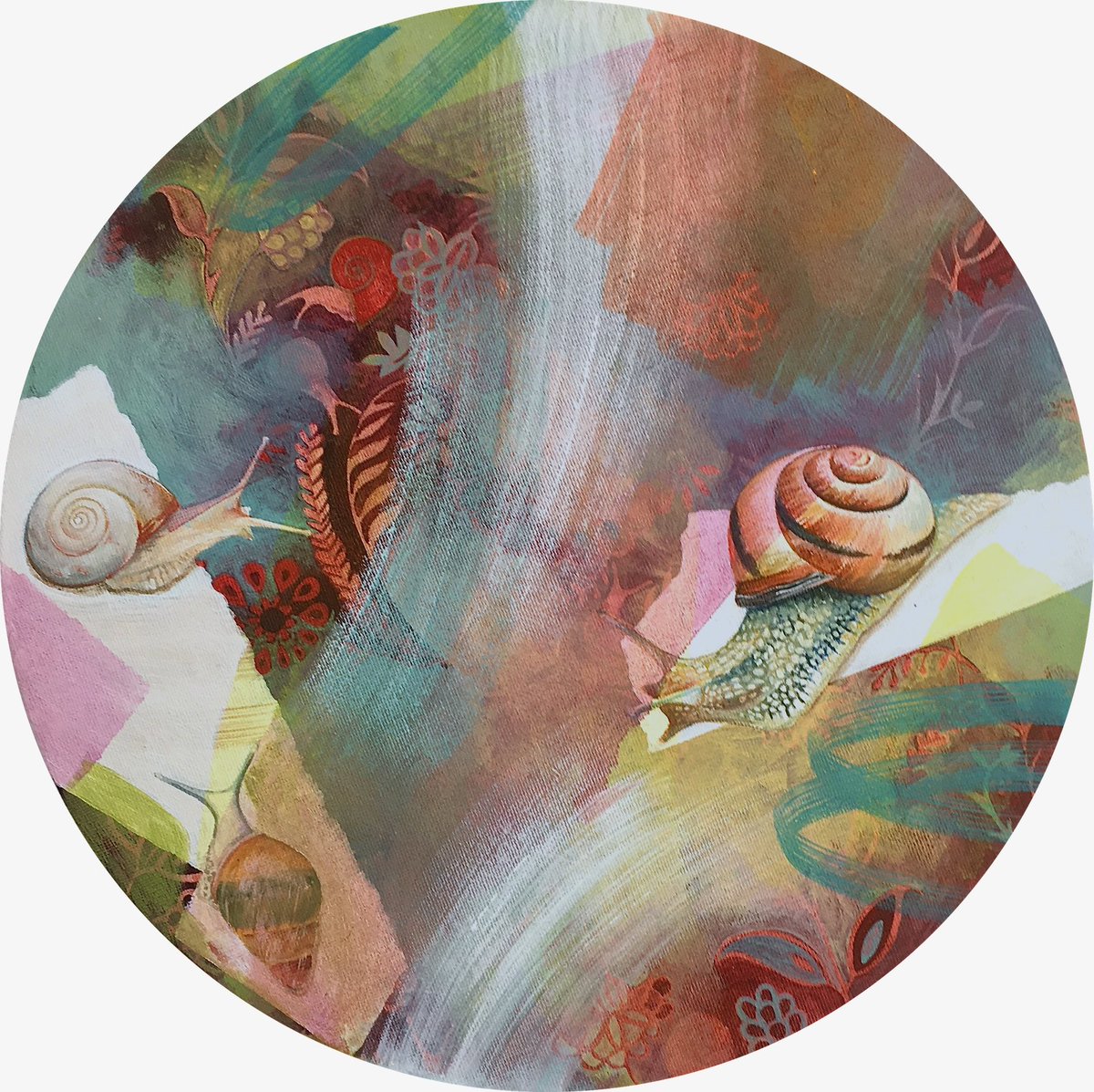 New painting ‘Cochlea’ • mixed media on canvas covered board • 30cm diameter #art #arte #artist #artwork #fineart #painting #sarahgoldbart #contemporaryart #contemporaryartist #modernart #artcollector #artcollection #artappreciation #nature #artlovers #snail #circularpainting