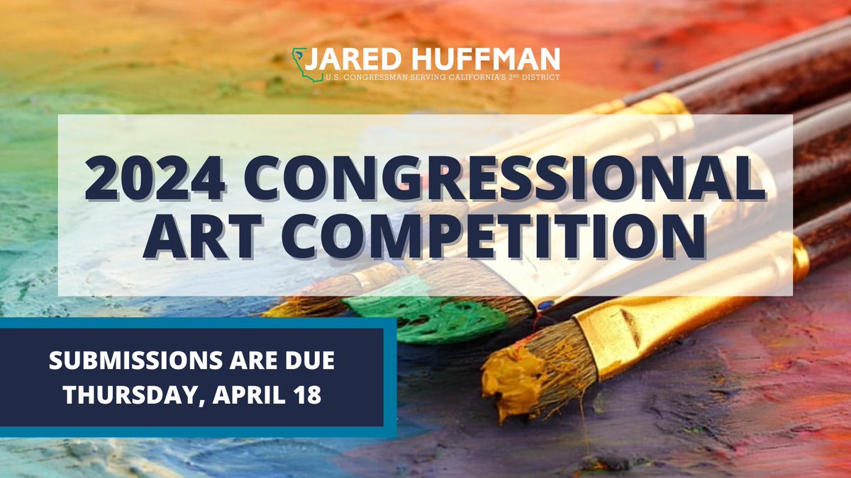 🚨Attention high school artists🚨 Congressional Art Competition submissions are due TOMORROW! Submit your work here by midnight on April 18th: huffman.house.gov/helping-you/ar…