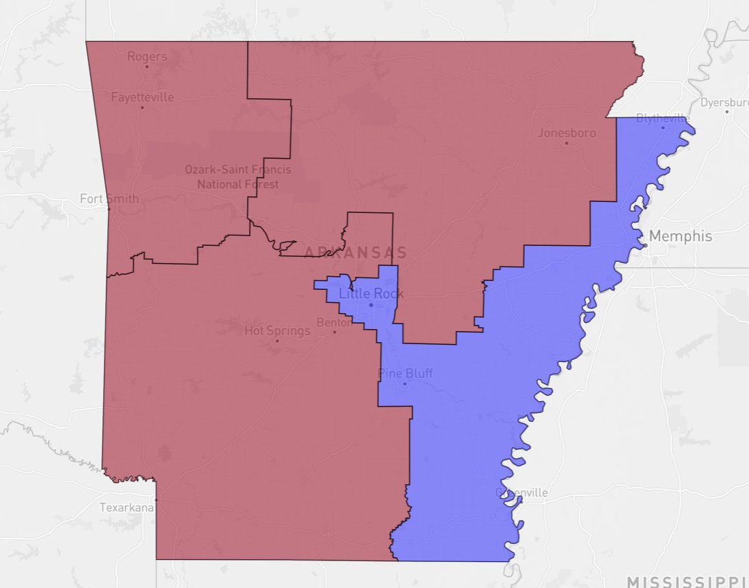 Fair 2010s AR Map with no county splits.
2008 Prez Shading.

Delta/Blue District is
2008 Prez: Obama+10.1
2016 Prez: Clinton+11.6
2020 Prez: Biden+12.6

Despite the rural black areas trending right, district still swings left thanks to Little Rock

What ARDems should've drawn