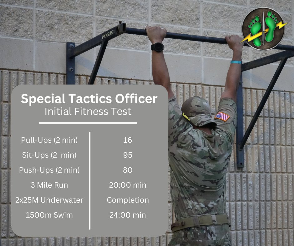 Today's #WorkoutOfTheDay is the Special Tactics Officer IFT 💪 The times and reps listed highlight how to receive the maximum amount of points. ⚡ The PT test must be completed in order and done within a 3-hour timeframe. #SpecialTactics #STO #WOD