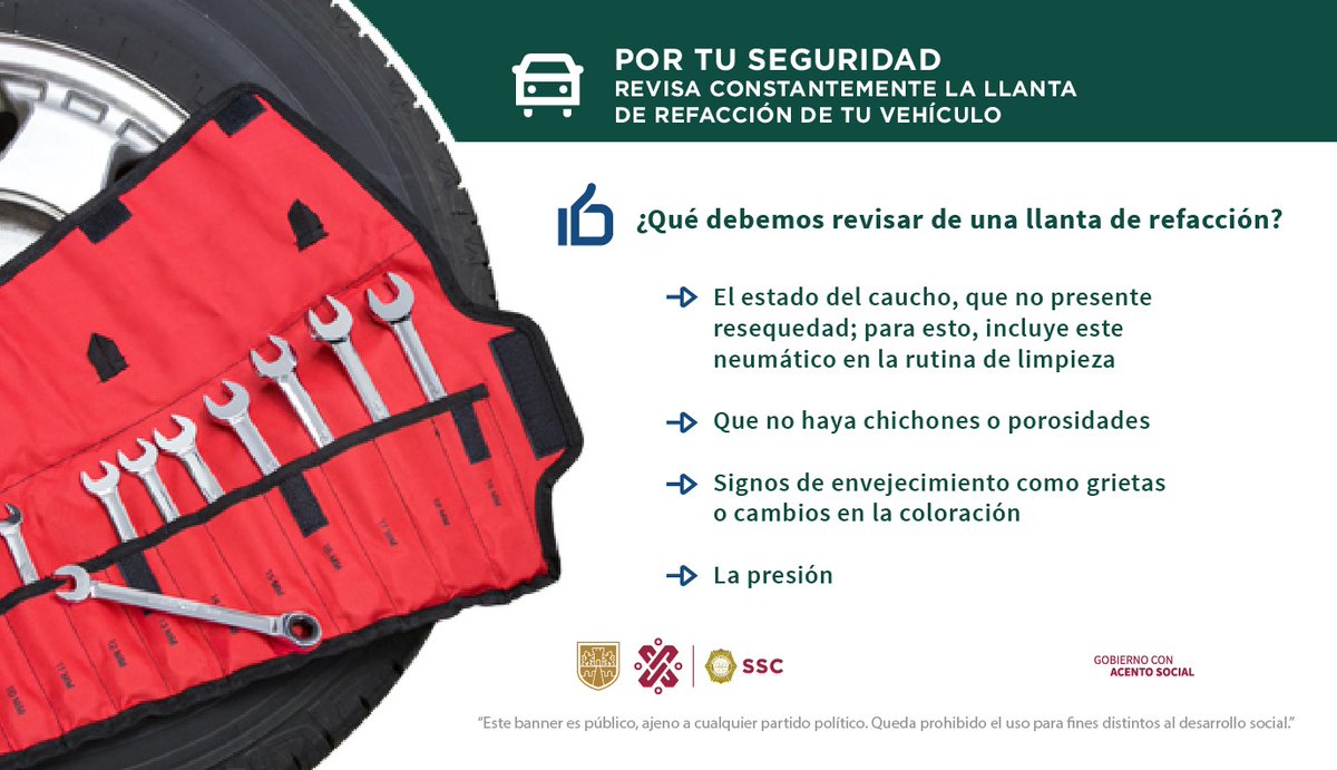 #CiudadSegura | Para estar #SegurosEnLaVialidad, verifica tu #LlantaDeRefacción 🛞, con estos #OvialTips que tenemos para ti👇🏼. #SomosSSC 👮🏻🚔👮🏻‍♂️