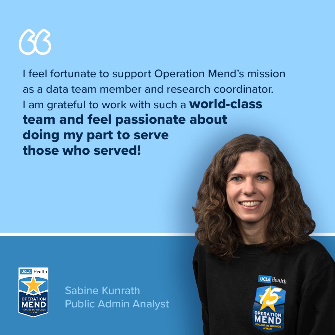 Celebrating this month's Ally of OpMend, Sabine Kunrath!✨👏 Join us in giving Sabine a heartfelt THANK YOU from everyone at #OperationMend as we honor her contributions to our mission of healing #Veterans. 💙 We're so proud of the difference our staff members make. @UCLAHealth