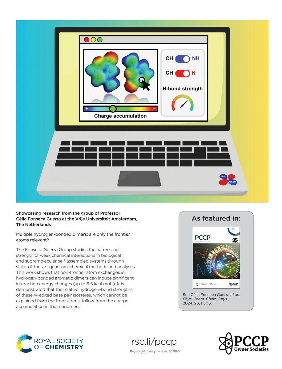 Multiple hydrogen-bonded dimers: are only the frontier atoms relevant? 🧬🤔

Read it here! ➡️ doi.org/10.1039/D3CP05…

Our latest work in <a href="/PCCP/">PCCP</a> is highlighted on the cover! 😍✨
➡️ doi.org/10.1039/D4CP90…

<a href="/CeliaFGuerra/">Célia Fonseca Guerra</a> <a href="/LucasAzdS/">Lucas de Azevedo Santos</a> <a href="/jordipoater/">Jordi Poater</a> <a href="/VU_TheoCheM/">The TheoCheM Group (Inactive)</a> <a href="/VU_Science/">VU Faculteit der Bètawetenschappen</a>