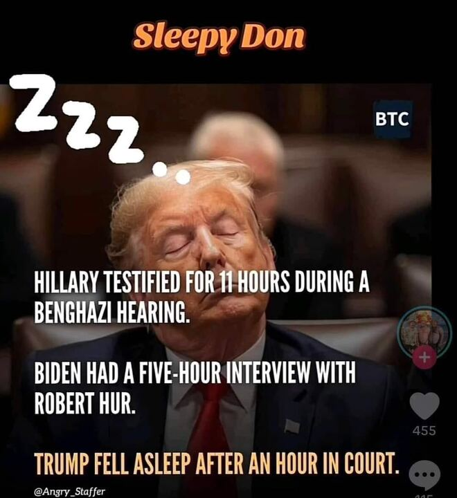 Hillary Clinton stayed awake for 11 hours of grilling and lies from Republicans and she never fell asleep. Joe Biden sat for a 5 hour interview with MAGA Republican liar Special Counsel Robert Hur and he did not fall asleep. #SleepyDon fell asleep after just 1 hour in his own…