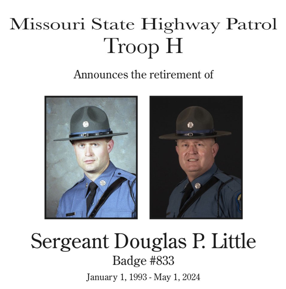 Saluting Master Sergeant Douglas P. Little for his 31+ years of dedicated service to Missouri as he retires from the Missouri State Highway Patrol on May 1, 2024. Congratulations on your retirement, Doug! Your commitment is greatly appreciated. #Retirement