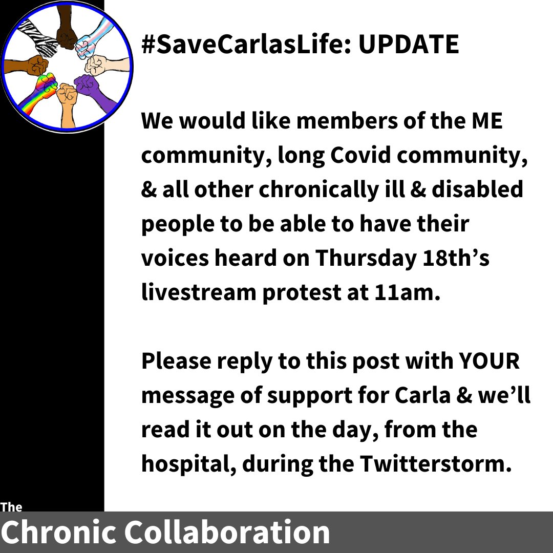 ANNOUNCEMENT #SaveCarlasLife #MEAwarenessHour As always with these actions we just facilitate YOU the community protesting & as such we want YOU involved tomorrow. We want YOUR messages of support for Carla to read out on the livestream. So PLEASE reply to this tweet with them