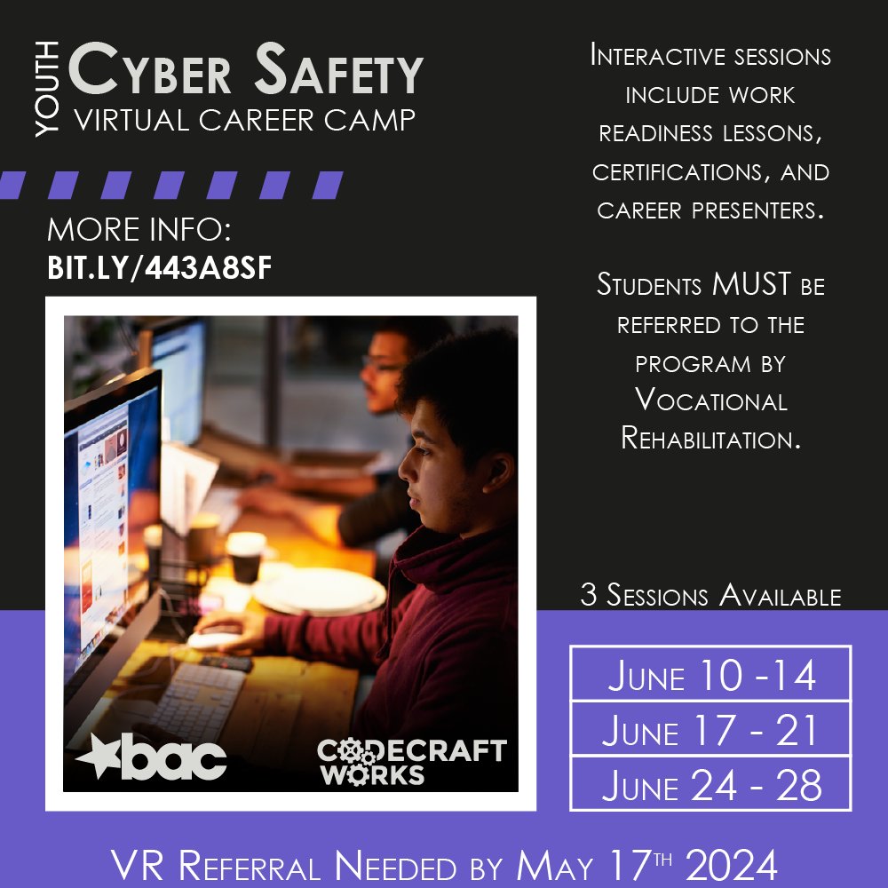 BAC and Codecraft Works' Cyber Safety Summer Camp 2024 Unlock the digital world this summer! Get ready for a thrilling adventure into the heart of cyber safety with BAC’s Cyber Safety Summer Camp. Perfect for young enthusiasts aged 14-21 who are eager to step into the future!