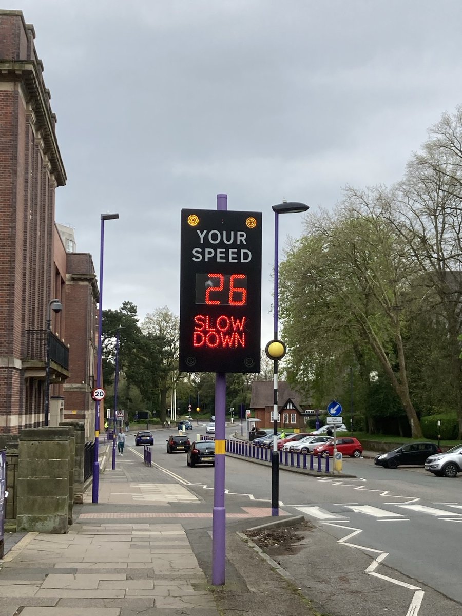 This sign and others like it across Birmingham should collect data on vehicle speeds and share that data to a public webpage. All too few people drive past this one at 20mph or less. And many continue at speed across the zebra crossing even if someone has started crossing.