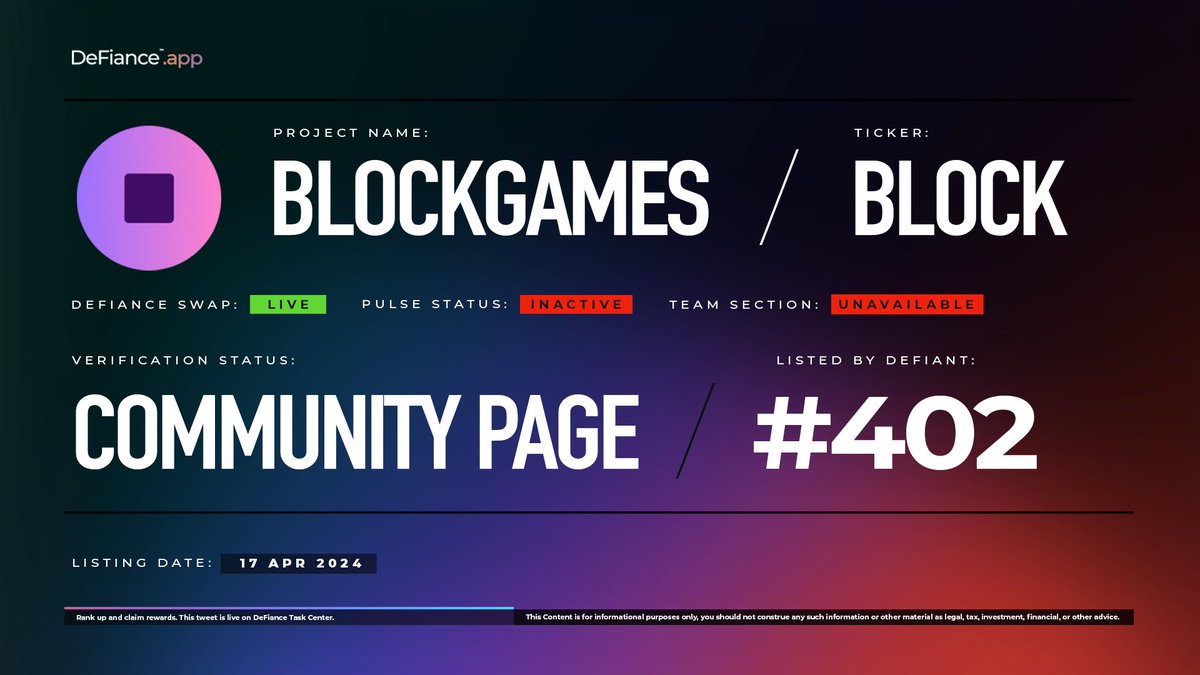 .@GetBlockGames community page is now live on DeFiance.app/project/BlockG…. 

$BLOCK is now listed on #DeFianceSwap. 

BlockGames is a cross-game, cross-chain player network accelerating user growth for games, with instant rewards for players. 

Learn more at: users.DeFiance.app.