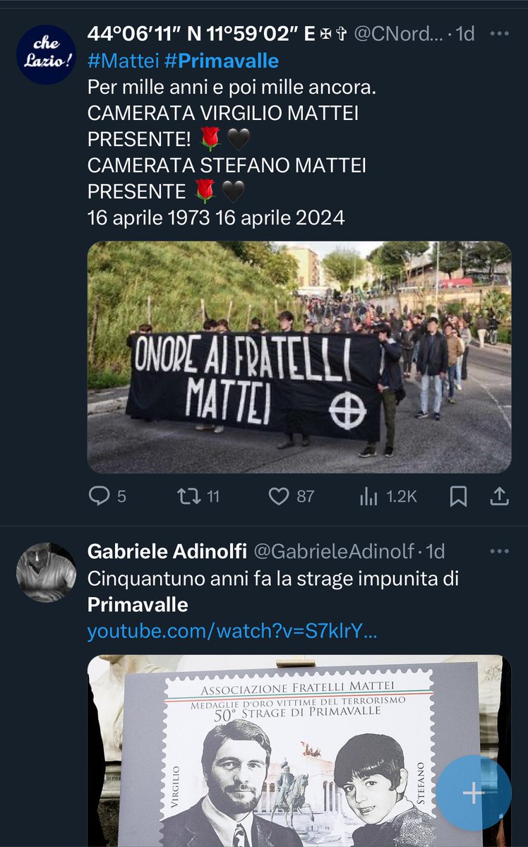 A commemorative stamp exists for the Rogo di Primavalle, which is also remembered by neos behind a Celtic Cross (many then take part in the ‘presente!’ fascist salute ritual where the two died). Twitter timeline pointing out all the madness of memory culture in Italy today.