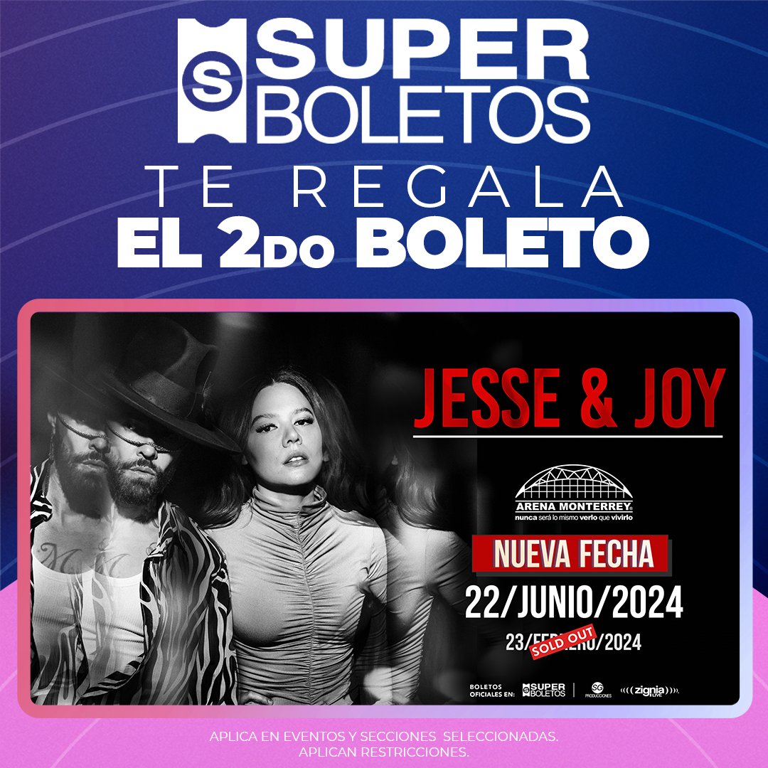 ¡Disfruta de JESSE & JOY en la #ArenaMonterrey! #SuperBoletosInvita 😉 ¡Compra tu boleto y obtén el segundo gratis! 🤩 Asegura tu descuento seleccionando la promoción en el último paso de tu compra en 'PROMOCIONES Y DESCUENTOS' Zonas disponibles ➡️superboletos.com/landing-evento…