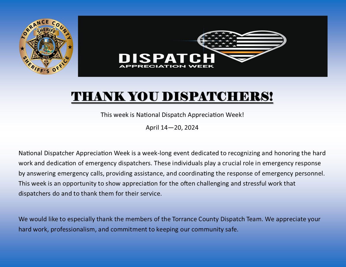 TCSONM's tweet photo. Shout out to the Torrance County Dispatchers. 💙 https://t.co/erxv6reOWO
