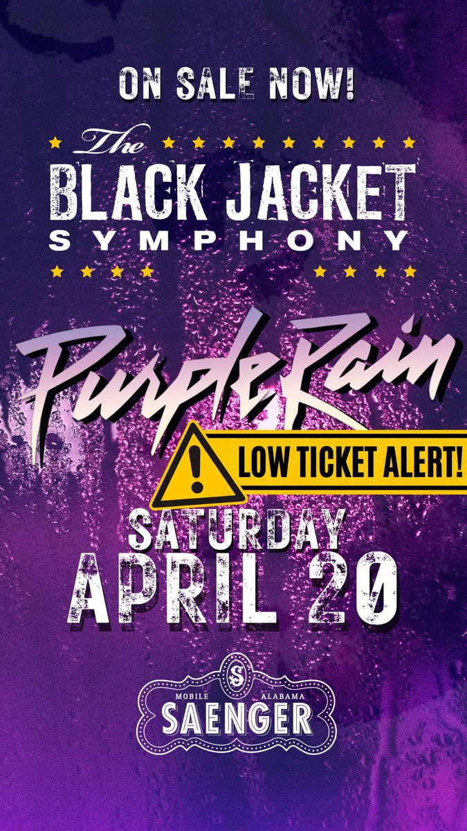 SATURDAY! LOW TICKET ALERT! Don't miss The Black Jacket Symphony performing 'Purple Rain' + Prince's greatest hits! Get seats now at the box office or bit.ly/purple24

#MobileAlabama #MobileAL #MobileCounty #BaldwinCounty #GulfCoast #DowntownMobile #Pensacola #Biloxi