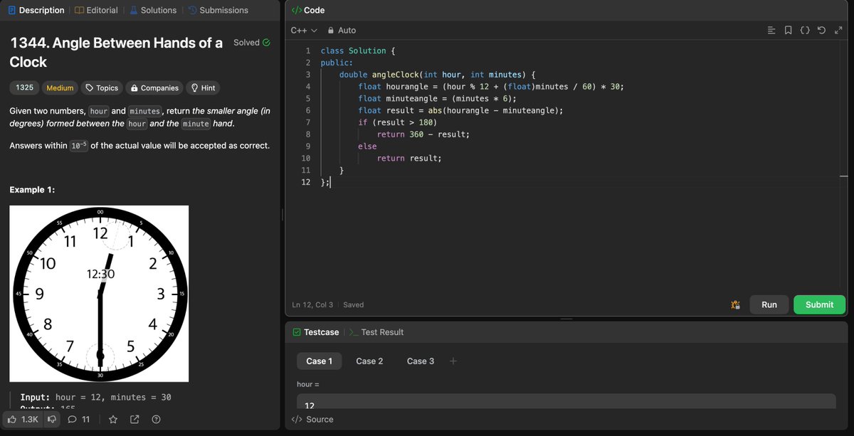 Day 30 of #100daysofcode: Today i solved leetcode number 1344 'Angle Between Hands of a Clock'