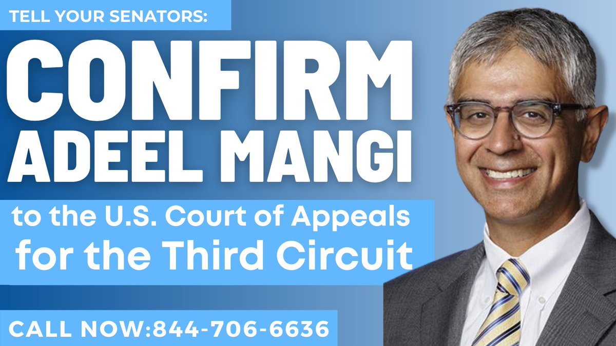 Throughout his career, 3rd Circuit nominee Adeel Mangi has shown a dedication to civil rights – experience that is underrepresented but greatly needed for our federal judiciary. 

He is an excellent choice for this position, and we call on our senators to #ConfirmMangi ASAP.