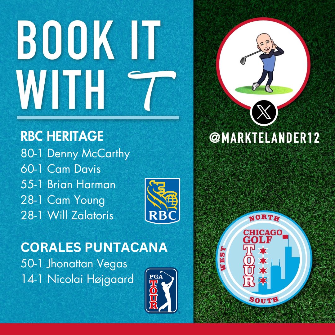 GolfTourChicago's tweet photo. RBC Heritage &amp; Corales Puntacana picks via the CGT sharp @marktelander12 #📕It https://t.co/T0V86P0B4x