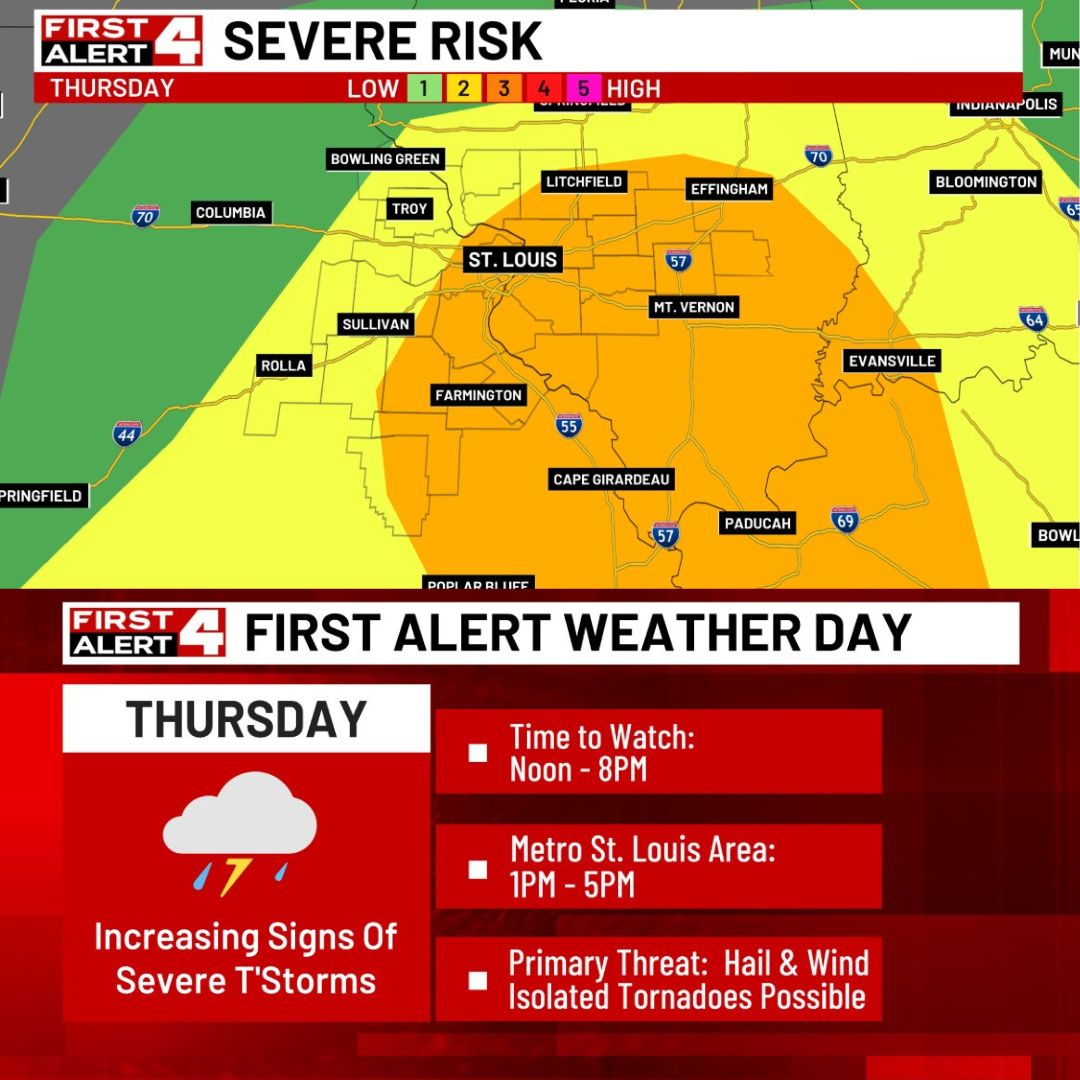 KMOV's tweet image. HEADS UP: Thursday is a First Alert Weather Day! We could see hail, wind and isolated tornadoes.  #FirstAlertForecast #FirstAlert4 #stlwx #StLouis 

Detailed First Alert Forecast &amp;gt;&amp;gt; tinyurl.com/yuvhb7t2