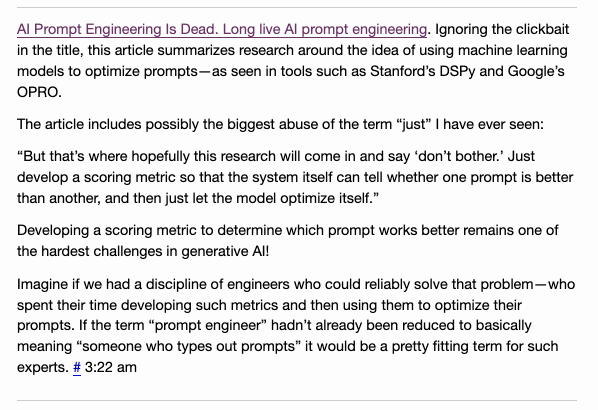 Prompt engineering is not dead 😂😂 An article recently made rounds talking about some new auto-prompting tools and the false rumors of the death of prompt engineering. Love @simonw's response (see screenshot). Let me take this time to share MY definition: Prompt engineering…