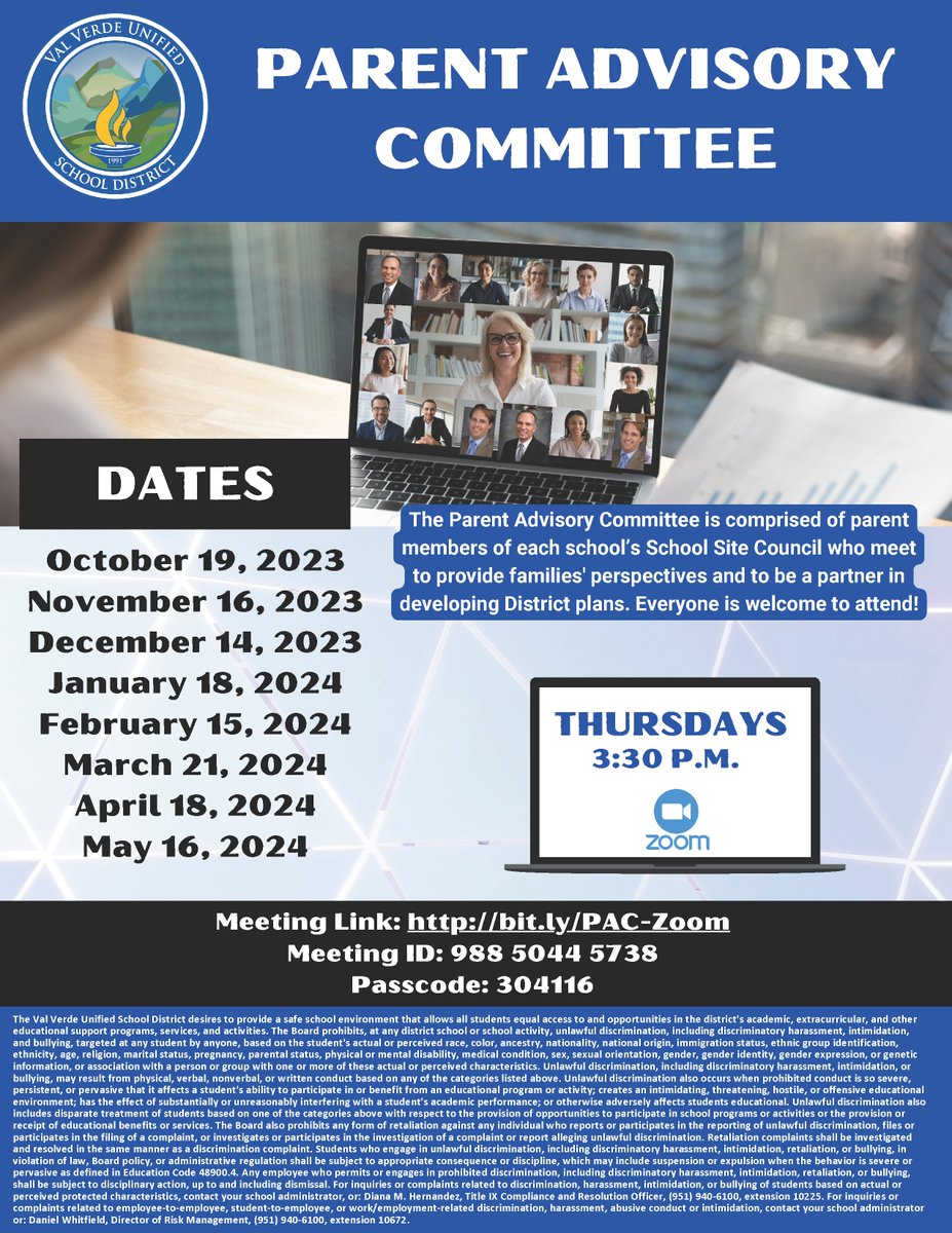 Please join us! 😀Parent Advisory Committee (PAC) meeting - In English & Spanish- Thursday 04/18/24 3:30 p.m.-Via Zoom. Meeting Link: bit.ly/PAC-Zoom Meeting ID: 988 5044 5738 Passcode: 304116