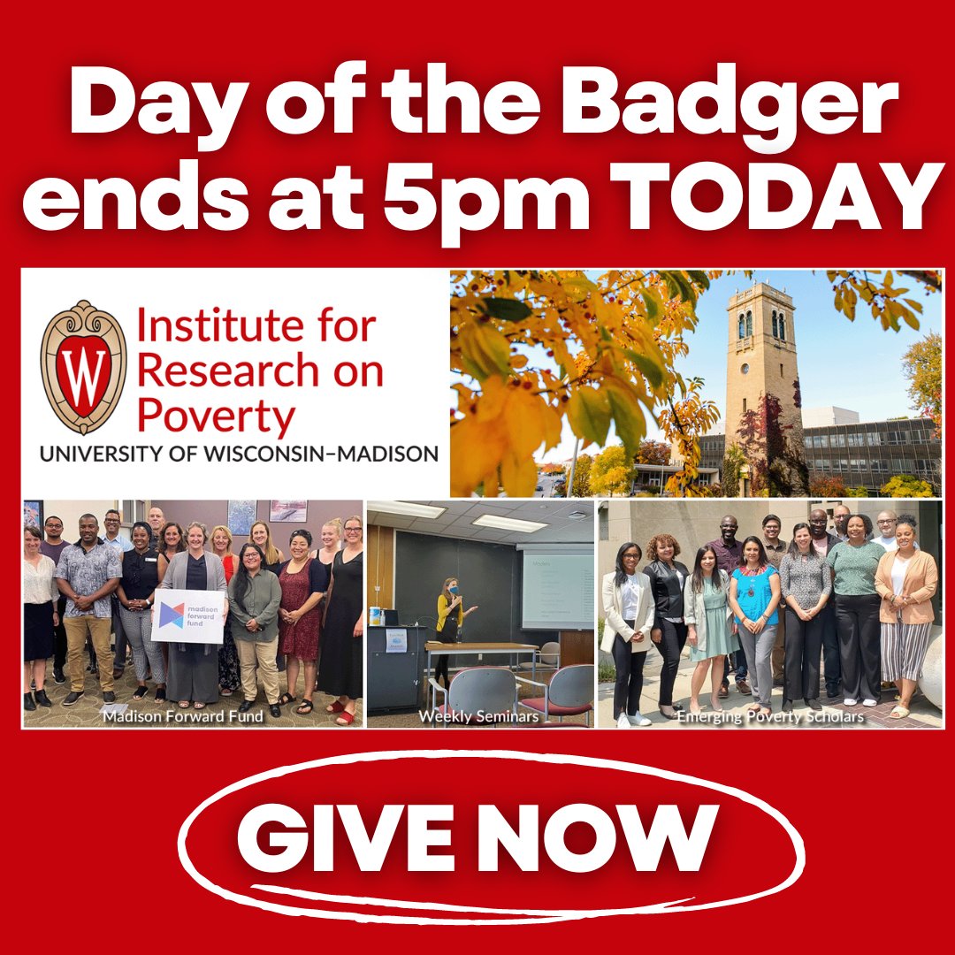 #DayOfTheBadger ends soon! If you haven't made your gift to support IRP yet, now is the time! Be part of our mission to produce & share rigorous, data-rich research that can inform public policy affecting low-income families & communities. Please give now: dayofthebadger.org/campaign/resea…