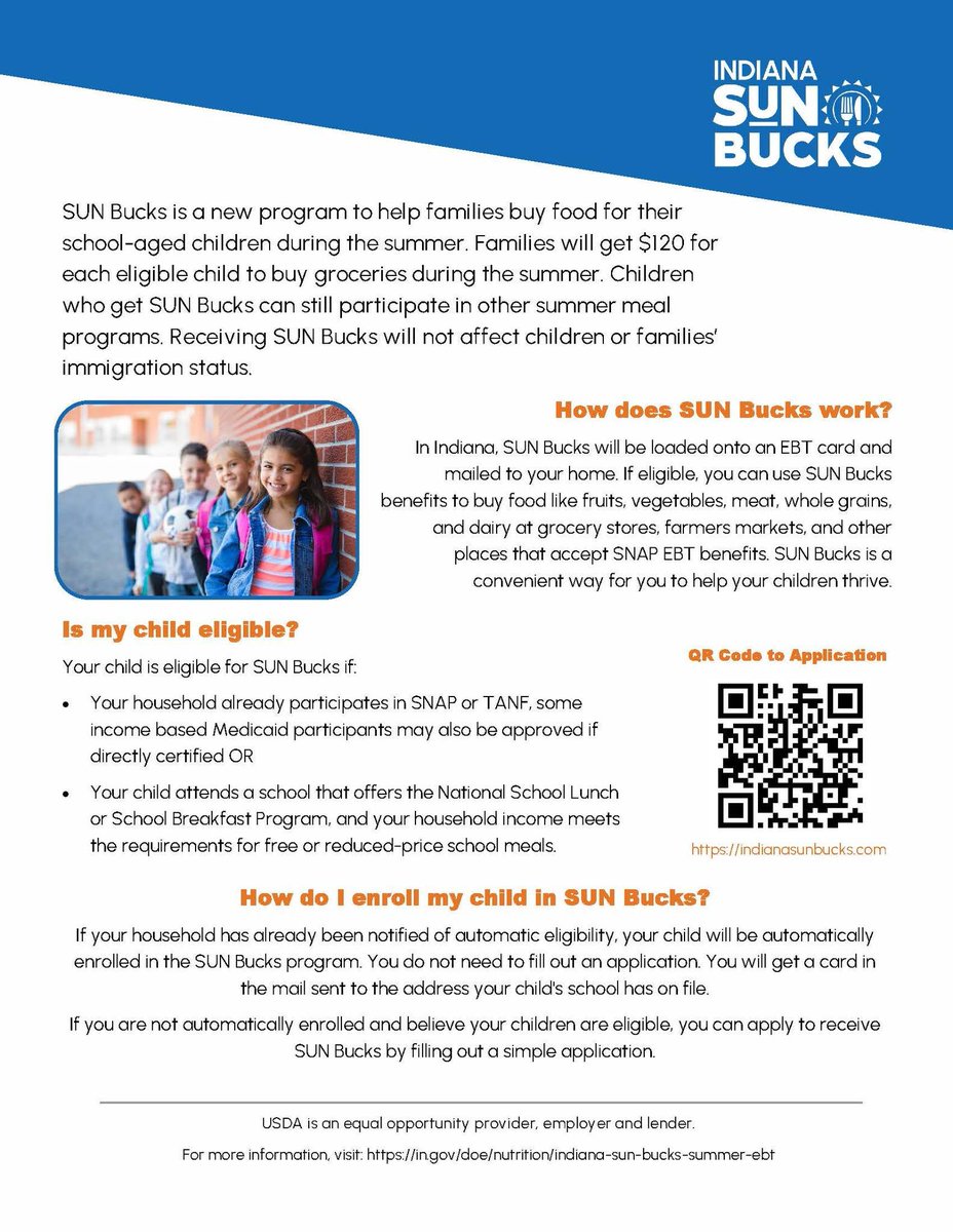 Indiana has a new program to help families buy food for their school-aged kids during the summer call SUN Bucks.
To see you you are eligible go to indianasunbucks.com