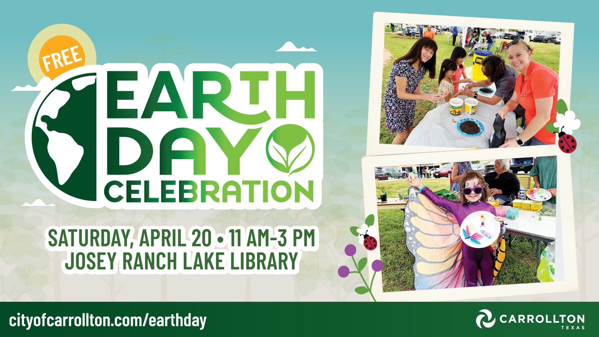 Despite some schedule changes due to rain, Carrollton's Earth Day Celebration will keep turning, just like the Earth! Explore all nature has to offer at the Josey Ranch Lake Library this Sat., April 20, from 11am-3pm. cityofcarrollton.com/earthday