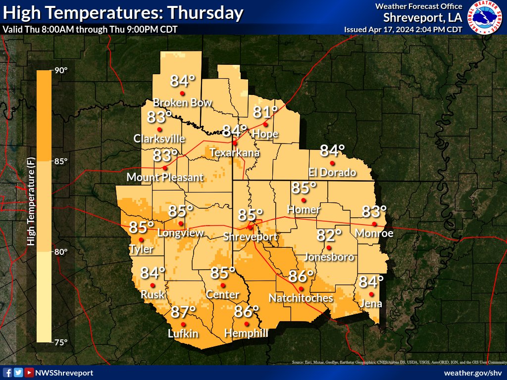 Another mild evening is expected across the region as overnight lows fall into the upper 60's, near 70 degrees. Highs on Thursday will again be warm with afternoon temperatures in the middle 80's.