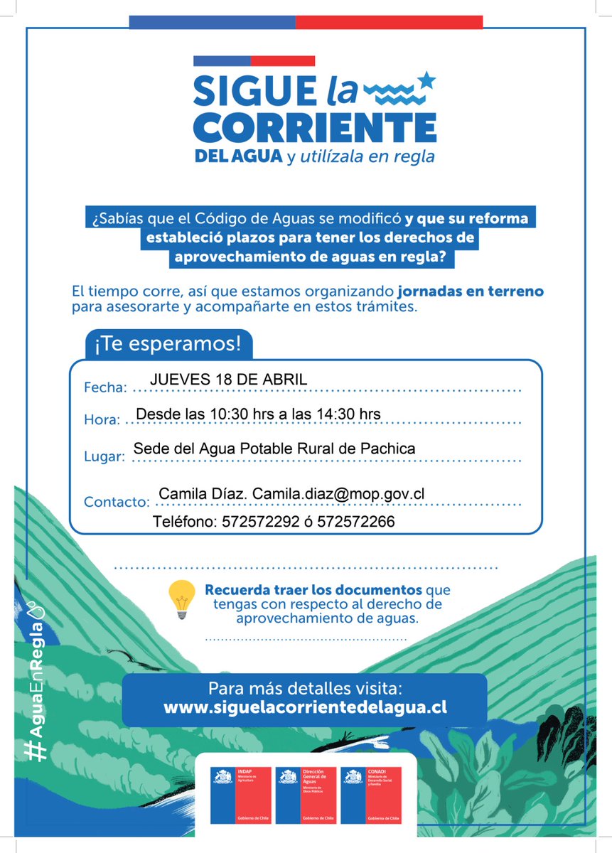 ❗TEN PRESENTE❗ 
Mañana jueves desde las 10:30 hrs. en la sede de Agua Potable Rural de la localidad de #Pachica👉🏻 se realizará una jornada personaliza con profesionales de la DGA, de asesoría en trámites en Ios aprovechamiento de aguas.

¡ RECUERDA LLEVAR LOS DOCUMENTOS ! 🌵