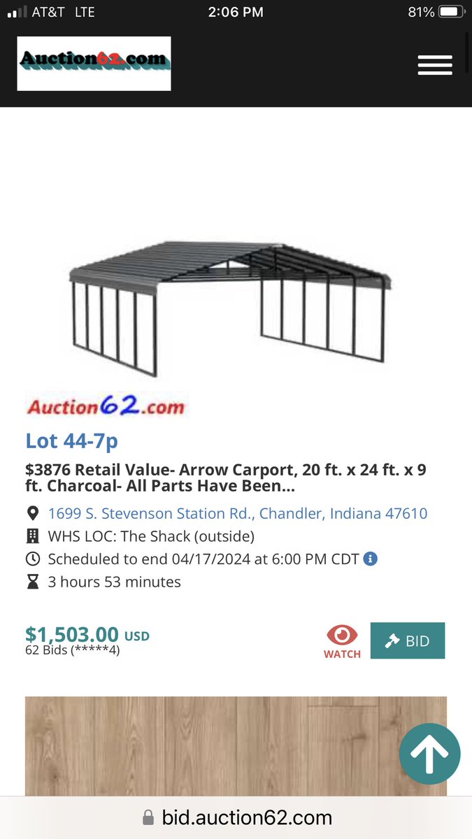 auction62's tweet photo. It’s online auction night. Over 1400 lots, bidding starts closing at 6pm cst. Flooring, carport, Stanley tumblers and more. https://t.co/j5sAwwhrXs https://t.co/DOpkO2sTOm