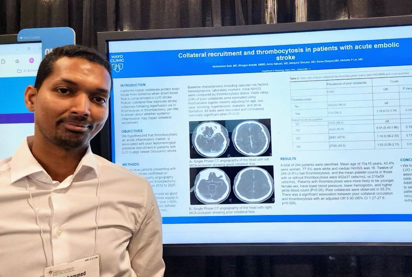 Does thrombocytosis negatively impact collateral recruitment in acute ischemic stroke? Check out Dr. Badi’s poster to learn more! #AANAM #residentscholar @MayoClinicNeuro