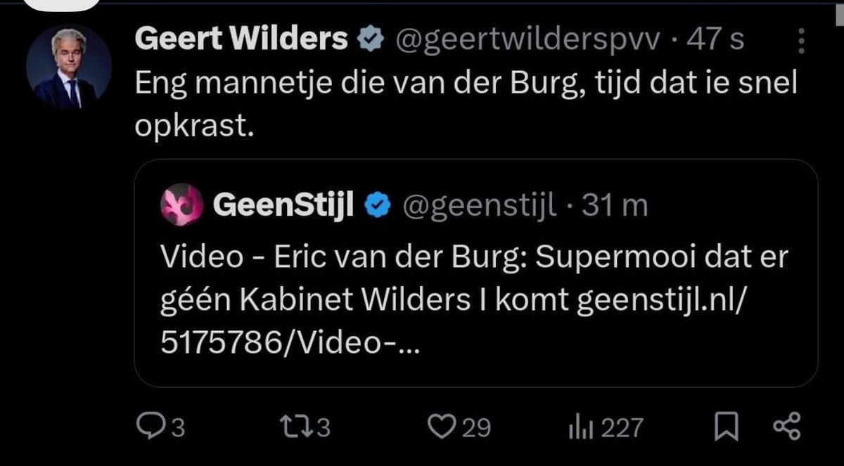 Als je het niet eens bent met Geert Wilders moet je opkrassen. Geeft het denkpatroon van de man weer. Yesilgöz en Omtzigt, bezint eer ge begint.