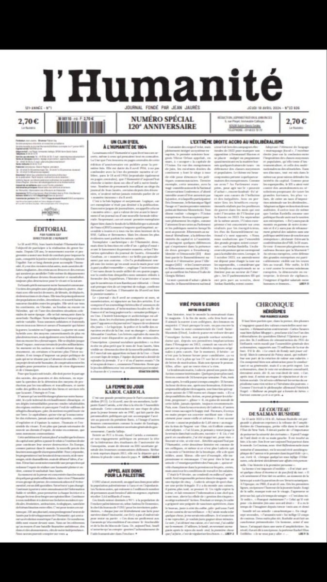 Demain nous fêtons nos 120 ans. Le 18 avril 1904, Jean Jaurès, notre fondateur écrivait « Notre But » éditorial qui est un chemin, un but et un programme politique. 120 ans après @humanite_fr continue sa mission et ses combats. À lire demain une Une historique !