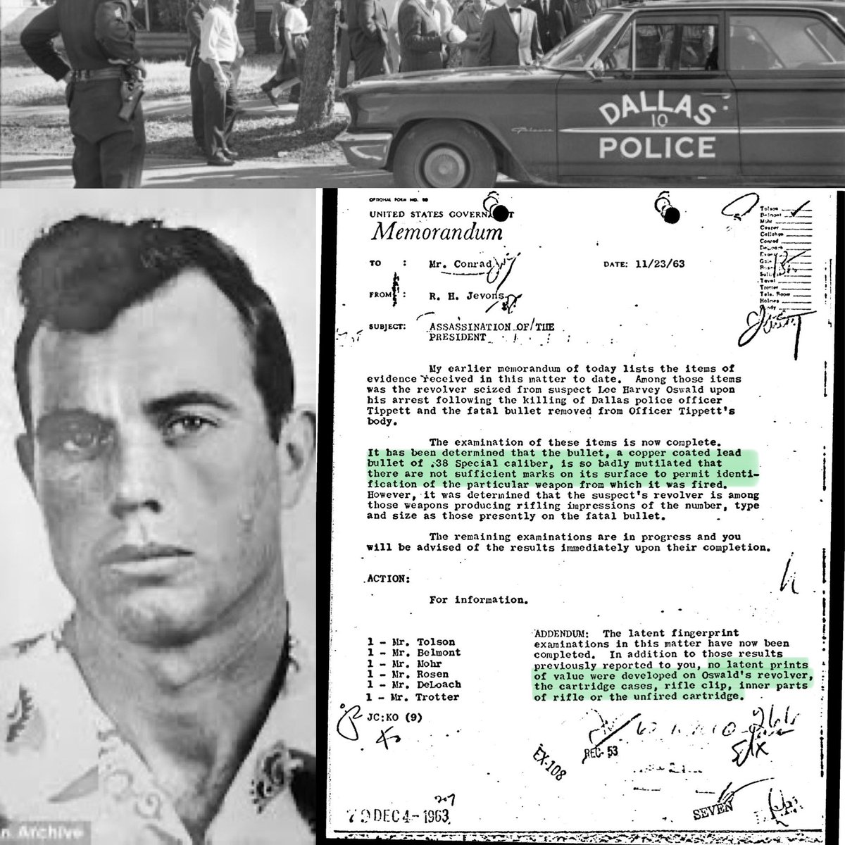 #FBI memo of 11/23/63 pertaining to analysis of the bullet removed from Officer Tippit and fingerprint examinations of the rifle and pistol allegedly used by Oswald. #JFKFiles #CIA #JFKA maryferrell.org/showDoc.html?d…