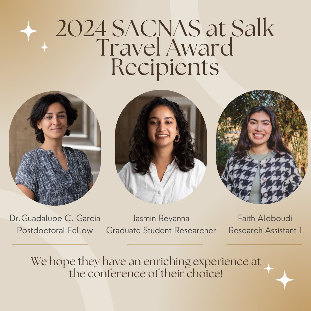 Congrats to our 2024 SACNAS at Salk Travel Award Recipients! 🎉🎉They have demonstrated a strong dedication to promoting DEI at Salk, community outreach both within and beyond the Salk community, and the drive to enrich their professional development. 👏👏