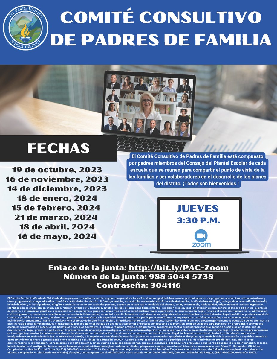 ¡Por favor acompáñennos 😀 a la junta del Comité Consultivo de Padres de Familia (PAC)- Jueves 4/18/24 3:30 p.m.! - por Zoom. Enlace de la junta: bit.ly/PAC-Zoom Número de la junta: 988 5044 5738 Contraseña: 304116