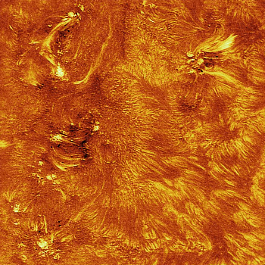 I pointed my modified solar telescope at a group of small sunspots to see what was happening. A chaotic mess of tangled magnetic fields was revealed by the incandescent plasma in the solar chromosphere. Our sun is quite interesting right now!