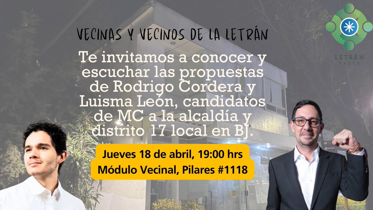 Gabo (@abogabo) on Twitter photo Continuando con las tertulias con vecinas y vecinos de <a href="/la_letran/">Letran Valle</a> este jueves nos visitan <a href="/Rocordera/">Rodrigo Cordera</a> y <a href="/luismaleon/">Luisma León</a> para platicar de sus propuestas y proyectos!
No falten!!!
Próximamente nos visitarán <a href="/FDoringCasar/">Federico Döring 🇺🇦</a> <a href="/LetyVarela/">Lety Varela</a> <a href="/LuisMendozaBJ/">Luis Mendoza Acevedo</a> Continuando con las tertulias con vecinas y vecinos de <a href="/la_letran/">Letran Valle</a> este jueves nos visitan <a href="/Rocordera/">Rodrigo Cordera</a> y <a href="/luismaleon/">Luisma León</a> para platicar de sus propuestas y proyectos!
No falten!!!
Próximamente nos visitarán <a href="/FDoringCasar/">Federico Döring 🇺🇦</a> <a href="/LetyVarela/">Lety Varela</a> <a href="/LuisMendozaBJ/">Luis Mendoza Acevedo</a>