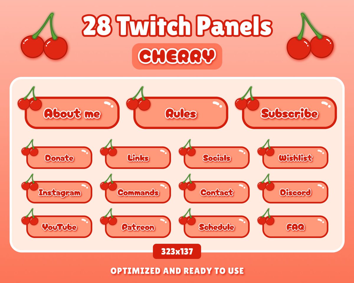 simpixdesigns's tweet photo. Cute Red Cherry Fruit Twitch Stream Panels 🍒✨

 • 28 panels in a ZIP file
• 323x137px
• PNG with transparent background 

You can but it on Etsy [link in bio]
#streampanels #panels #twitch #twitchpanels #kick #digital #digitalart #etsystore #GraphicDesign #kawaii #Vtubers https://t.co/nHIJmEBkHI