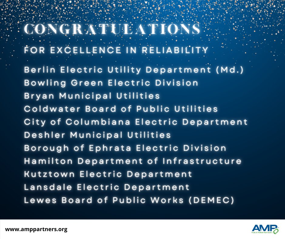 amppublicpower's tweet photo. Congratulations to 27 of AMP’s Member communities and four DEMEC members who received a Certificate of Excellence in Reliability from @publicpowerorg.

Learn more: https://t.co/LgFrS3iO8W

#PublicPower #WeArePublicPower #CommunityPowered #ElectricReliability https://t.co/BR7FRzXhZV