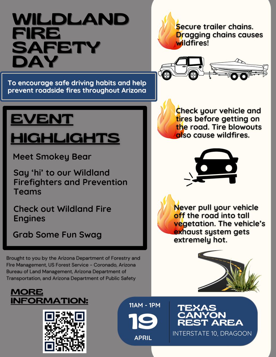 This Fri. 4/19, #AZForestry along w/@BLMAZFire, @CoronadoNF, @Arizona_DPS, & @ArizonaDOT host a Wildland Fire Safety Day at Texas Canyon Rest Area near Dragoon to promote roadside fire safety & awareness. So stop on by if you're in the area! #DYK: Last year, 26% of Arizona's