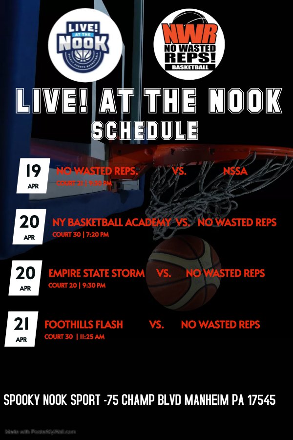 I am super excited to be playing  at Live! At The  Nook this weekend! @Repsbasketball
     Below is my schedule, and I encourage you to come witness my first-hand skills.
@buschegirlsbb
@SelectEventsBB
@InsiderExposure
@reesejawn
@wbb
#collegebasketball
#womenbasketball