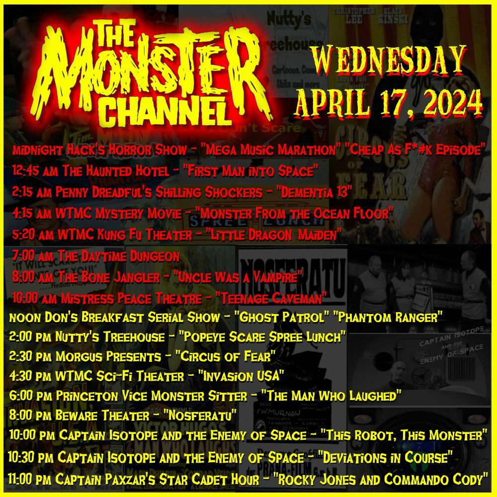 EerieLateNight's tweet photo. Today on The Monster Channel!

https://t.co/NvRAe8VnaE

#donsbreakfastserialshow #nuttystreehouse #morguspresents #princetonvicemonstersitter #bewaretheater #captainisotope #captainpaxzar https://t.co/JCywyZGwUb
