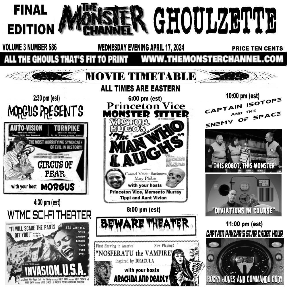 EerieLateNight's tweet photo. Today on The Monster Channel!

https://t.co/NvRAe8VnaE

#donsbreakfastserialshow #nuttystreehouse #morguspresents #princetonvicemonstersitter #bewaretheater #captainisotope #captainpaxzar https://t.co/JCywyZGwUb