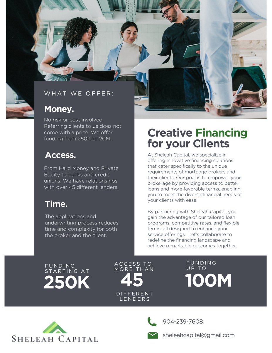 Discover how partnering with us can significantly expand your access to a broader array of lenders, streamline your financial resources, and reduce the time you spend on paperwork.

Contact Us Today.

#mortgagebroker #loanbroker #LoanSolutions #creativefinancing