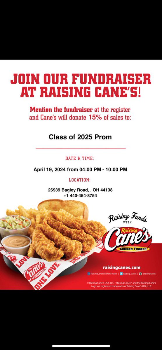 Support class of 2025’s prom by going to Canes this Friday on our day off!! North Olmsted 4-10!!