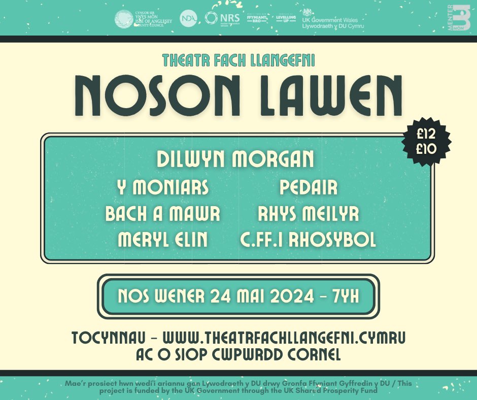 📣 Yn cyhoeddi…

🌟 Noson Lawen : Theatr Fach 🌟 

Dilwyn Morgan yn cyflwyno...

- Y Moniars
- Bach a Mawr
- Pedair
- Rhys Meilyr
- Meryl Elin
- CFFI Rhosybol

🗓️ Nos Wener 24 Mai @ 7yh

🎟️ theatrfachllangefni.cymru/digwyddiadau neu ar gael o siop Cwpwrdd Cornel, Llangefni.