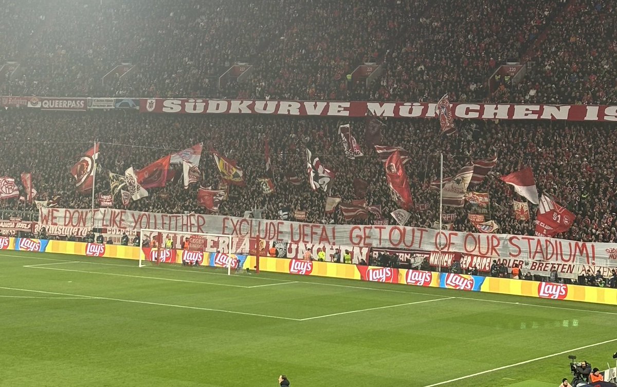 Bayern fans sending a message to UEFA after being banned from the first leg in London. “We don’t like you either. Exclude UEFA. Get out of our stadium.”