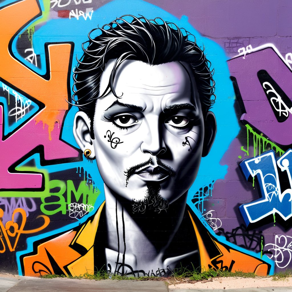 Graffiti Vibes in Colorful Expression! 🎨 #GraffitiArt #JohnnyDepp #UrbanStyle #StreetArt #ColorfulCreation #PicassoPix Created with PicassoPix