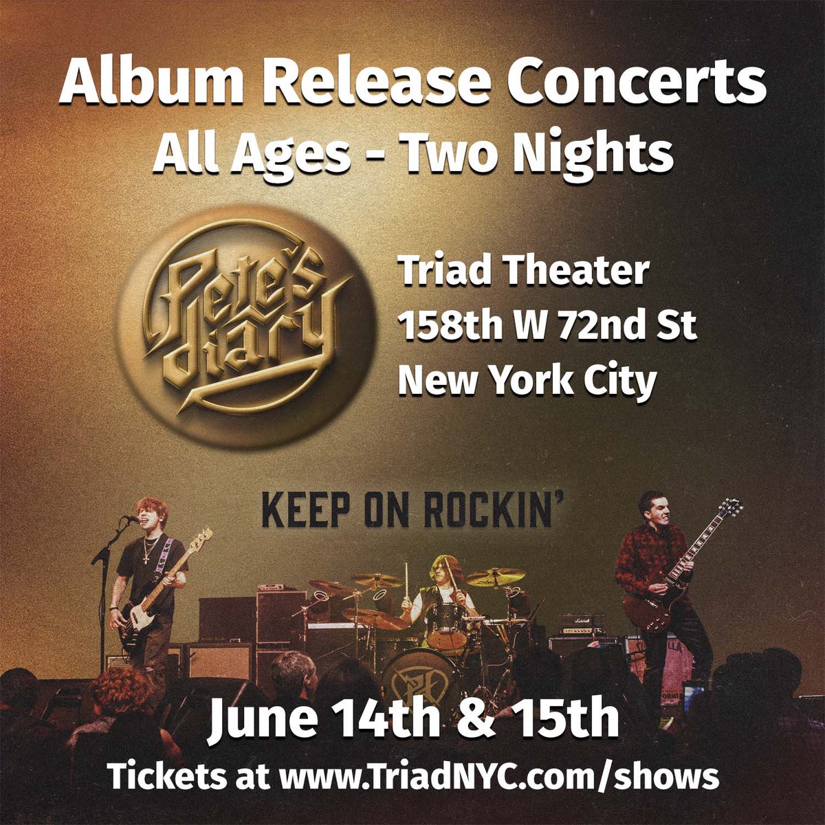 Celebrate with us! We’re playing two nights @The_TriadNYC for our “Keep on Rockin” debut album release. 🤘🏻

This is an all ages show. Get your tickets here… 👇🏻

June 14th instantseats.com/index.cfm?fuse…

June 15th instantseats.com/index.cfm?fuse…

@petedank 🎸
#PetesDiary #newrockmusic…