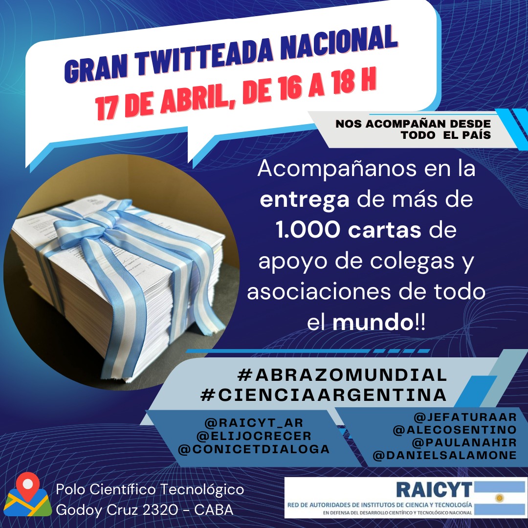 Sole Leonardi 👩🏻🔬🇦🇷💜 (@soleleonardi) on Twitter photo Gran Twitteada Nacional!
¡APOYO A LA CIENCIA ARGENTINA!
🇦🇷📊🧪📡🦭🇦🇷
#AbrazoMundial
#CienciaArgentina
<a href="/RAICYT_Ar/">RAICYT</a>
<a href="/ElijoCrecer/">Elijo Crecer Festival</a>
<a href="/CONICETCenpat/">CCT CONICET-CENPAT</a>
<a href="/CONICETDialoga/">CONICET Dialoga</a>
@danielsalamone
<a href="/paulanahir/">Paula Nahirñak</a> Gran Twitteada Nacional!
¡APOYO A LA CIENCIA ARGENTINA!
🇦🇷📊🧪📡🦭🇦🇷
#AbrazoMundial
#CienciaArgentina
<a href="/RAICYT_Ar/">RAICYT</a>
<a href="/ElijoCrecer/">Elijo Crecer Festival</a>
<a href="/CONICETCenpat/">CCT CONICET-CENPAT</a>
<a href="/CONICETDialoga/">CONICET Dialoga</a>
@danielsalamone
<a href="/paulanahir/">Paula Nahirñak</a>